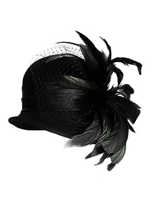 F FADVES Womens Wool Felt Feather Church Bowler Hats Cocktail British Formal Party Hat