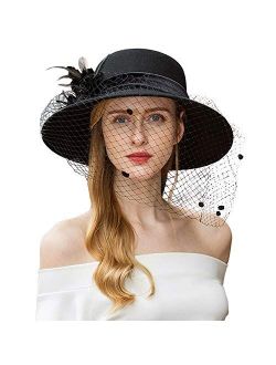 Women Dress Cloche Church Hat Veil Fascinator Floral Tea Party Wedding Bucket Hat