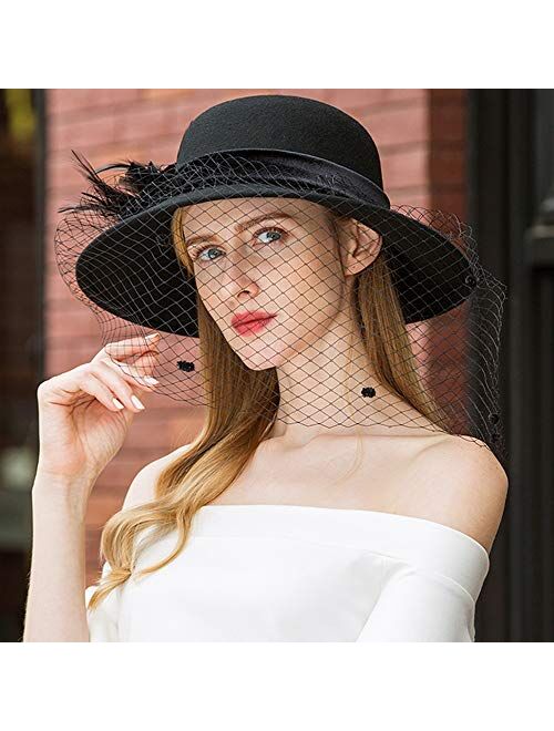 F FADVES Women Dress Cloche Church Hat Veil Fascinator Floral Tea Party Wedding Bucket Hat
