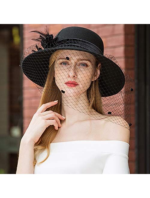 F FADVES Women Dress Cloche Church Hat Veil Fascinator Floral Tea Party Wedding Bucket Hat
