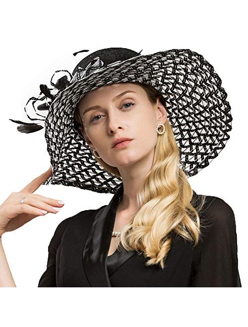 F FADVES Women Dress Sinamay Derby Church Garden Party Wedding Dressy Wide Brim Hat