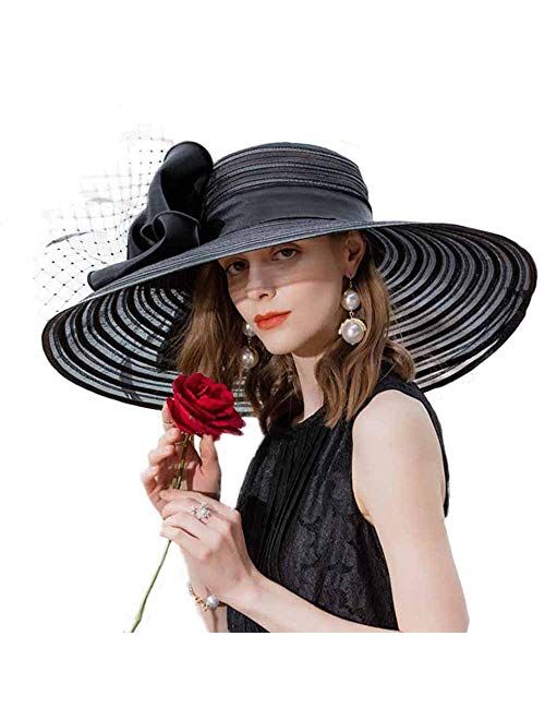 F FADVES Women Oganza Sun Hat Church Kentucky Derby Wide Brim Wedding Formal Fascinator Hat 