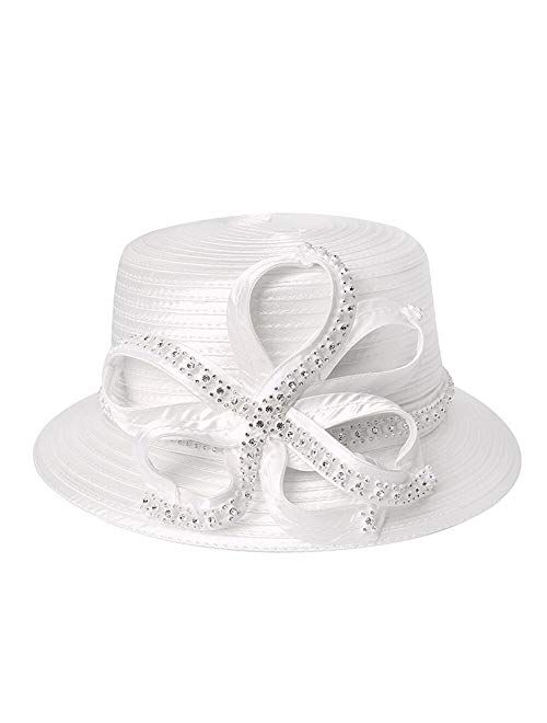 F FADVES Women's Rhinestones Fascinator Church Kentucky Derby Hat Women British Wedding Tea Party Hats White