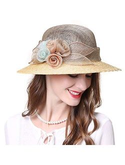 FADVES Women Flower Wide Brim Kentucky Derby Dress Church Fascinator Sinamay Hats