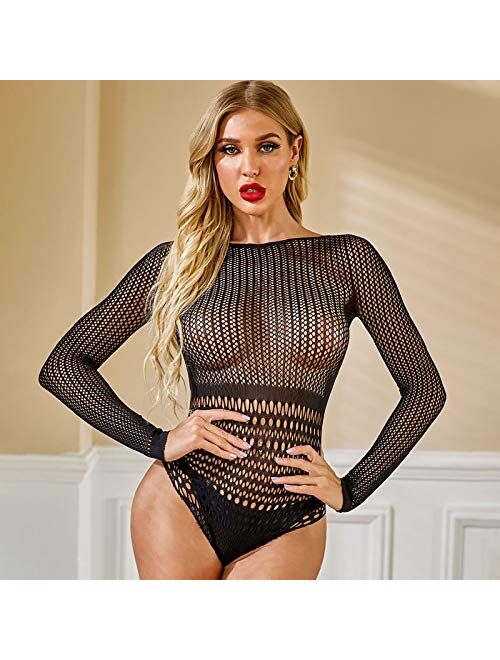 ZoePets Women's Round Underwear Hollow Open Back One-Piece Mesh Sexy Long-Sleeved Fashion