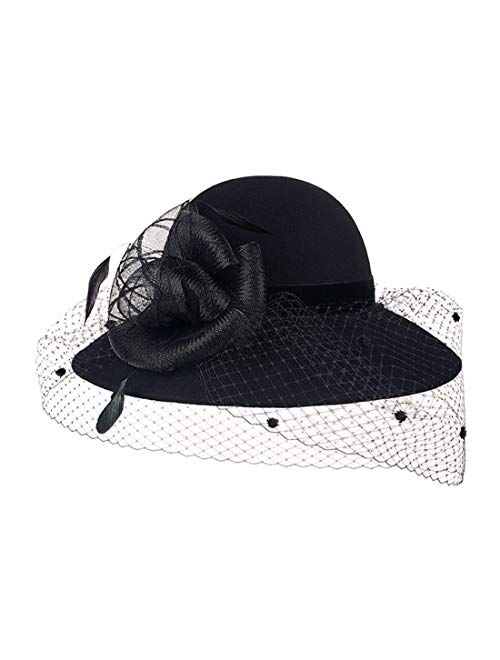F FADVES Large Brim Wool Fedora Wedding Veil Hat Winter Cloche Floppy Church Caps