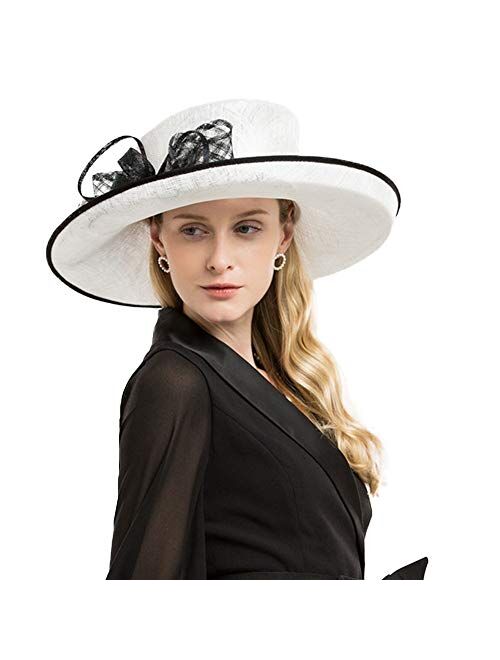 F FADVES Sinamay British Hat for Women Kentucky Derby Church Events Wide Brim Fedora Sloped Crown