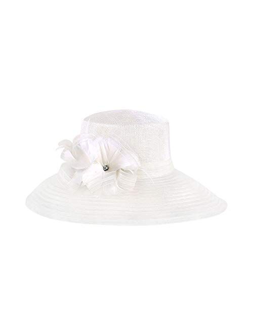 F FADVES White Organza Sinamy Hat for Women Fascinator Bridal Wedding Tea Party Elegant Floppy
