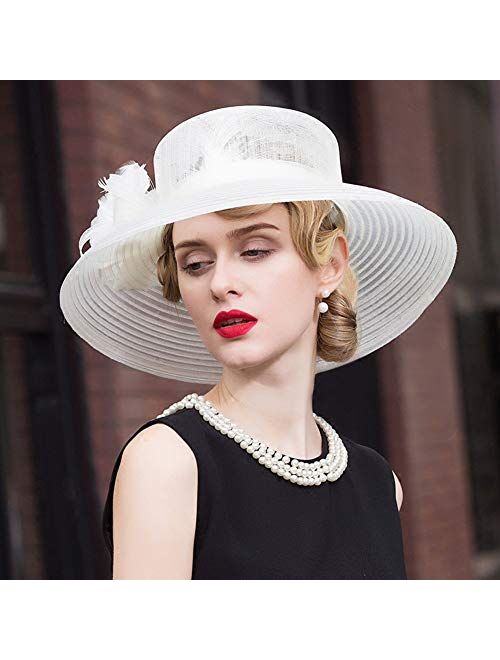 F FADVES White Organza Sinamy Hat for Women Fascinator Bridal Wedding Tea Party Elegant Floppy