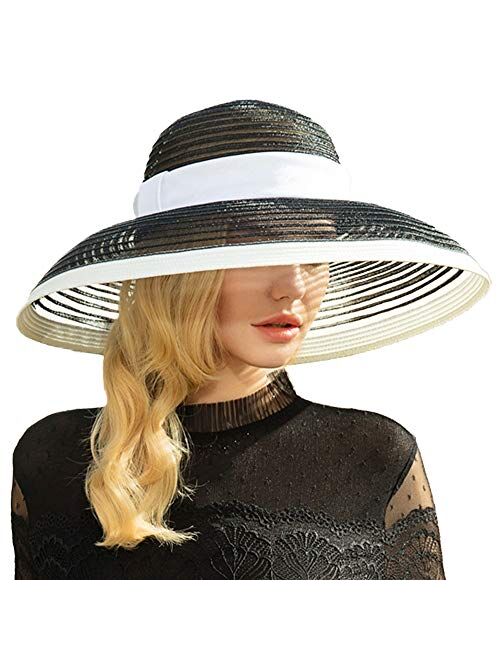 F Fadves FADVES Lady Wide Brim Fascinator Kentucky Derby Tea Party Bridal Wedding Floppy Hat