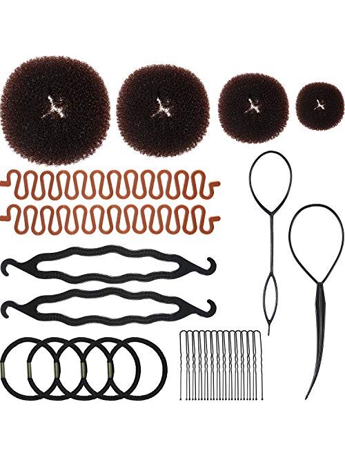 28 Pieces Hair Styling Kit Set, Included 4 Pieces Hair Donut Bun Makers, 2 Pieces Topsy Tail Hair Braids, 4 Pieces Hair Braiding Tools, 13 Pieces Hair Pins and 5 Pieces H