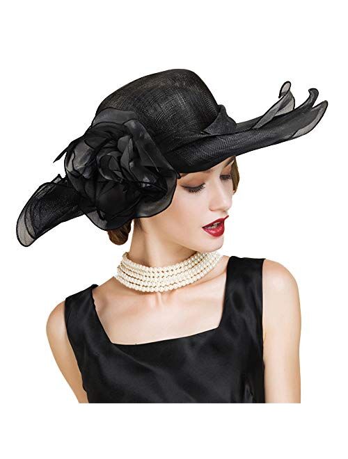 F FADVES Women Dress Fascinator Wide Brim Ruffles Derby Tea Party Wedding Sinamay Hats