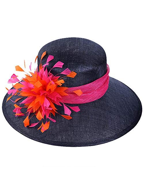 F Fadves FADVES Sinamy Floral Feathers Kentucky Derby Floppy Wedding Dress Wide Brim Hat