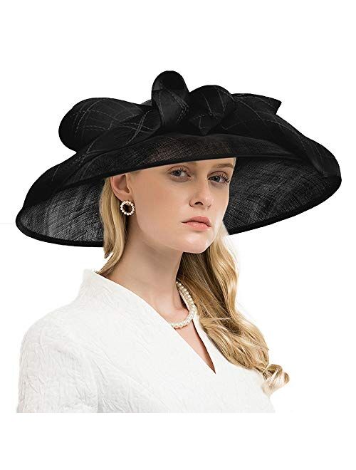 F Fadves FADVES Big Brim Fascinator Derby Sinamay Hat with Headband Formal Wedding Sun Hat