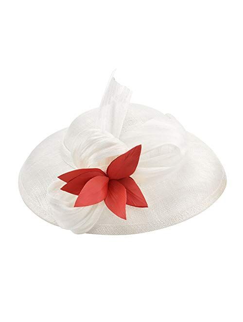 F FADVES Women Flower Sinamay Boater Hat Wide Brim Wedding Derby Facsinators Disc Hair Clip