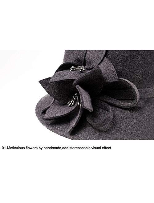 F FADVES Hat Women Fedora Wide Brim Wool Hats Felt Cloche Hat for Ladies Vintage Church Flower Round Hats