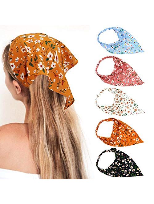 5 PCS Floral Hair Scarf, Soft Chiffon Headbands Elastic Hair Bandanas, Boho Printed Hair Scarves for Fashion Women(with 2 clips)