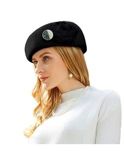 Women's Wool Feather Beret Hat Beanie Pillbox Cap Winter Autumn Solid Color Hat