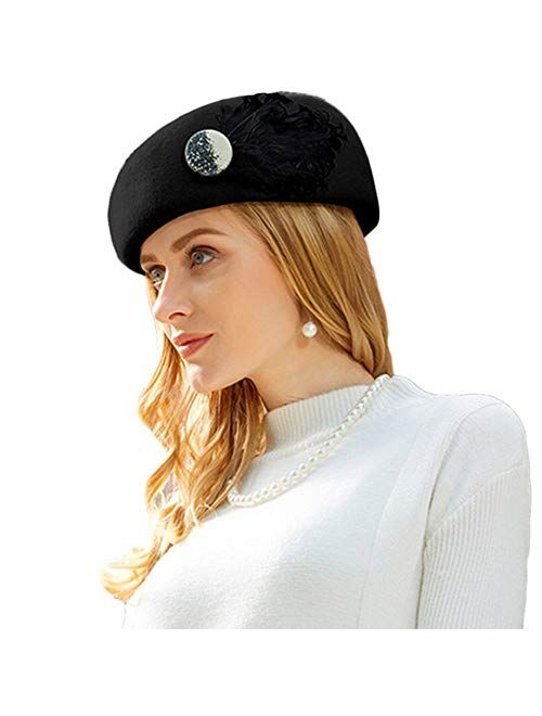 F FADVES Women's Wool Feather Beret Hat Beanie Pillbox Cap Winter Autumn Solid Color Hat