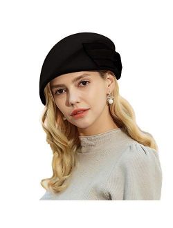 FADVES Women's Bowknot Wool Beret Cap British Style Vintage Fascinator Hat