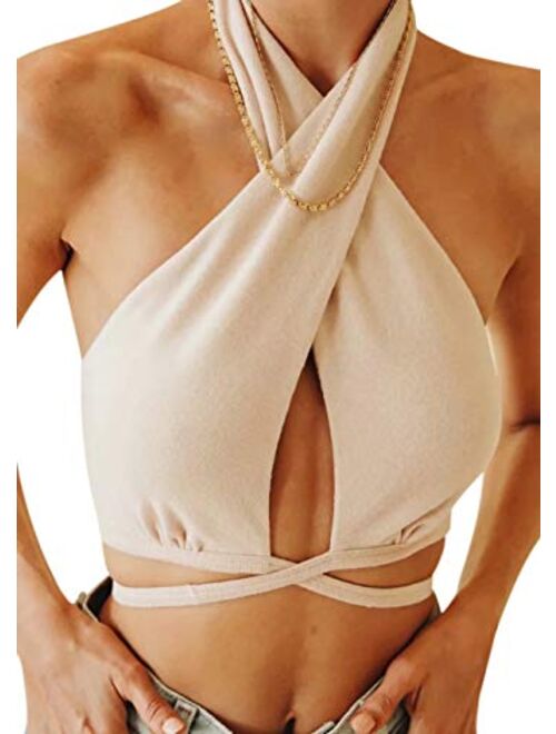 SAFRISIOR Women Sexy Bandage Halter Crop Tops Cross Wrap Sleeveless Backless Solid Crop Tank Top Slim Streewear