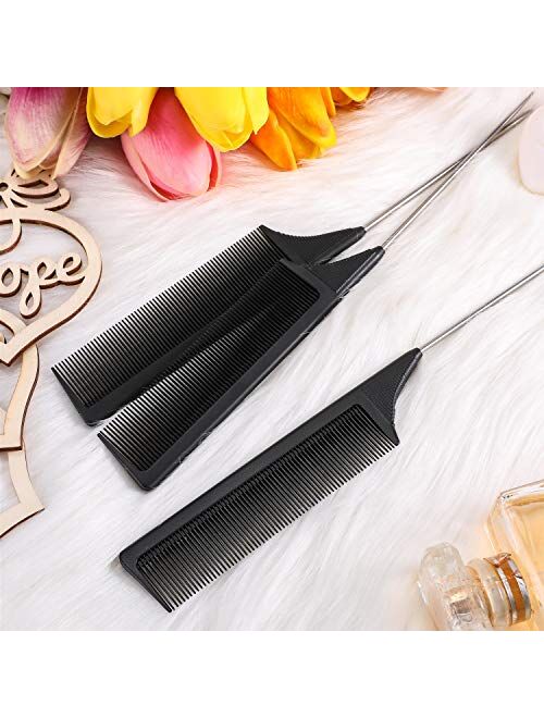 3 Packs Rat Tail Comb Steel Pin Rat Tail Carbon Fiber Heat Resistant Teasing Combs with Stainless Steel Pintail (Black)