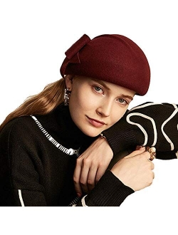 FADVES Women Dress Vintage French Beret Hat Wool Fascinator Beanie Hat Bowknot