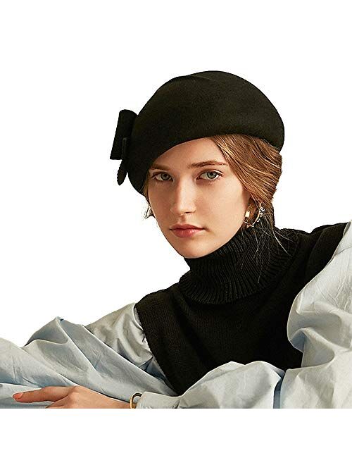 F Fadves FADVES Women Dress Vintage French Beret Hat Wool Fascinator Beanie Hat Bowknot