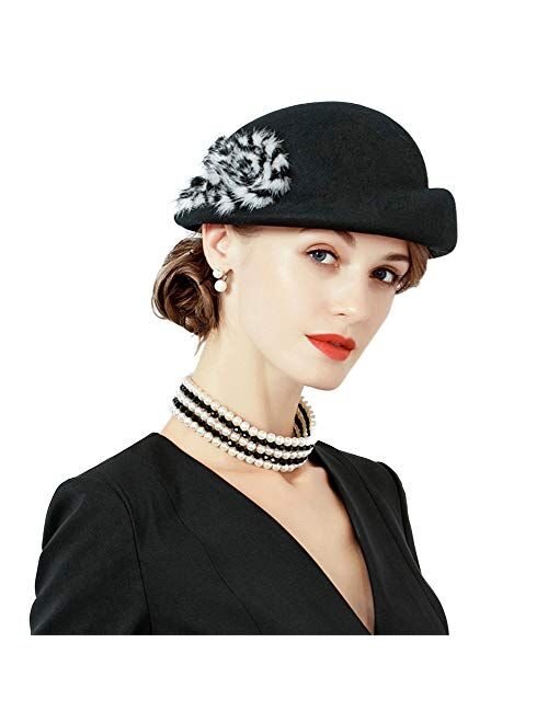 F FADVES Women Vintage Beret Pillbox Hats Wool Felt Beanie Hat Fur Decoration