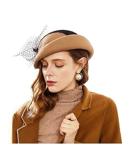 Fedora Womens Hats Short Brim 1920s Fascinator Wool Felt Cloche Bucket Bowler Hat with Veil