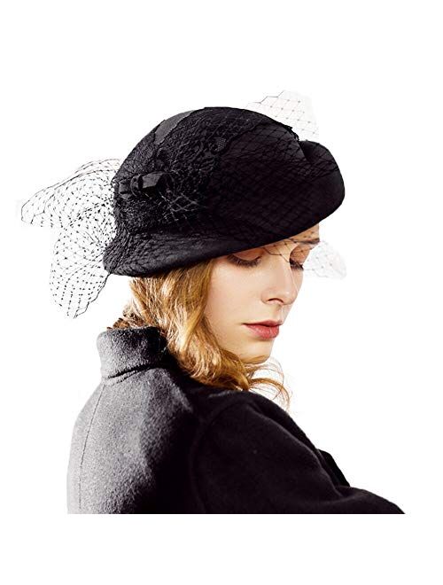 F FADVES Fedora Womens Hats Short Brim 1920s Fascinator Wool Felt Cloche Bucket Bowler Hat with Veil
