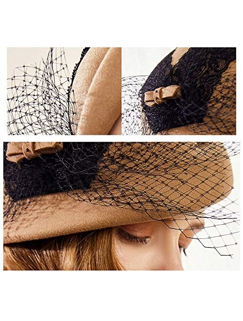 F FADVES Fedora Womens Hats Short Brim 1920s Fascinator Wool Felt Cloche Bucket Bowler Hat with Veil