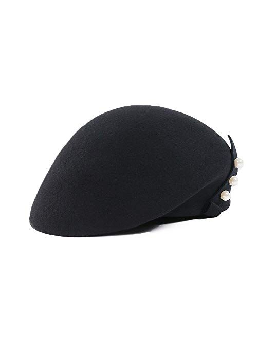 F FADVES 100% Wool Womens Beret Felt Elegant Women French Style Tag Beanie Warm Pillbox Hat Tea Party Derby Hats