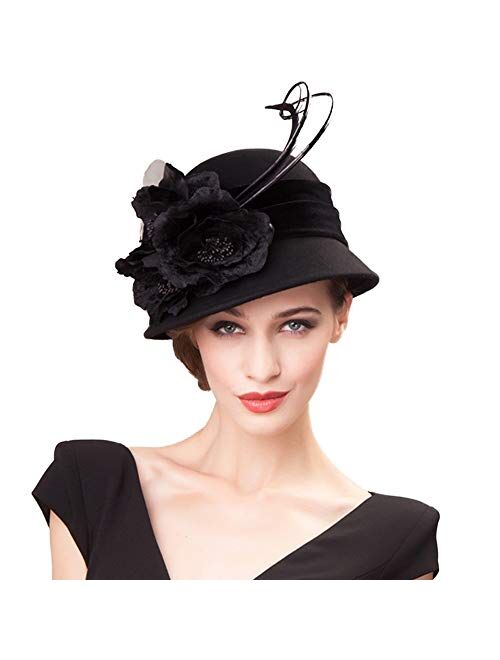 F FADVES Ladies Wool Felt Feather Bucket Cocktail Church Formal Party Flower Hat