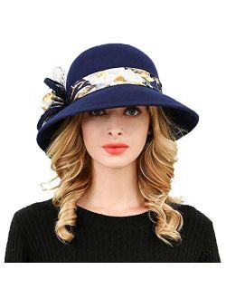 Marilyn Vintage Felt Wide Brim Fedora Wool Cloche Bucket Winter Hat with Satin Flower
