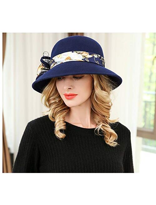 F FADVES Marilyn Vintage Felt Wide Brim Fedora Wool Cloche Bucket Winter Hat with Satin Flower