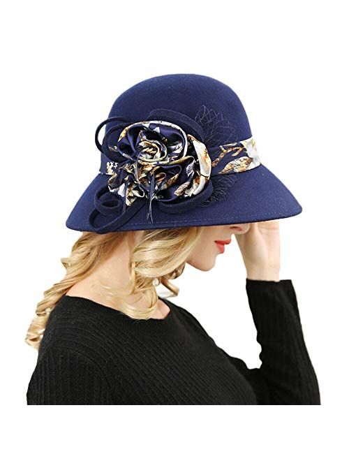 F FADVES Marilyn Vintage Felt Wide Brim Fedora Wool Cloche Bucket Winter Hat with Satin Flower