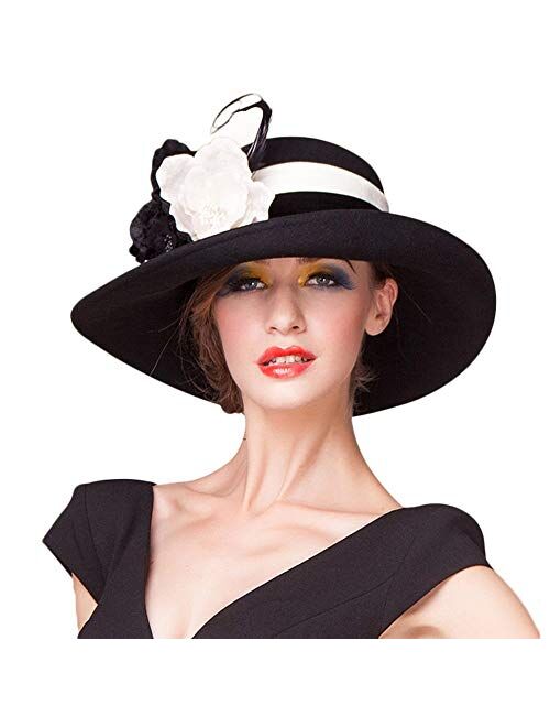 F FADVES Women British Wide Brim Wool Church Bowler Cloche Hats Derby Kentucky Fedora Hat