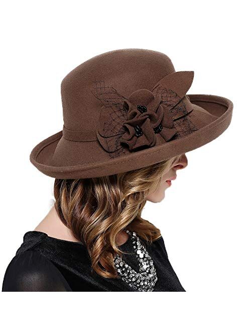 F Fadves FADVES Vintage Wide Brim Wool Felt Fedora Flowers Mesh Church Bowler Derby Hats