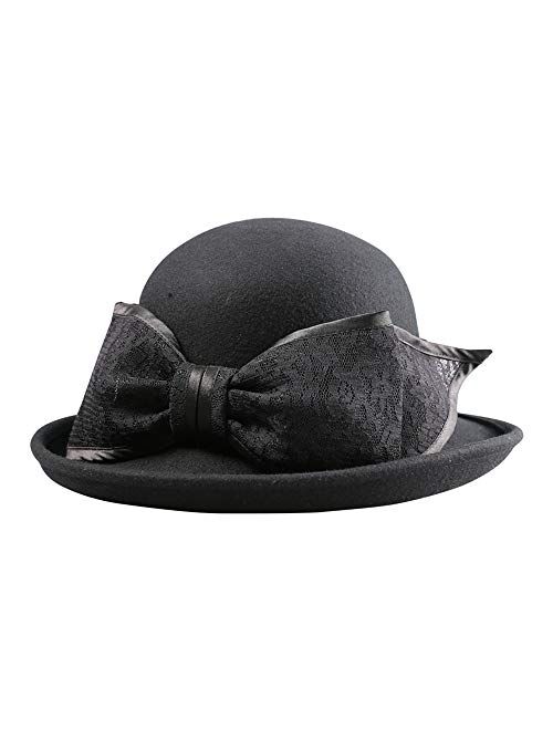 F Fadves FADVES Winter Wool Fascinator Hats Wide Brim Cloche Hat Vintage Church Caps Bow