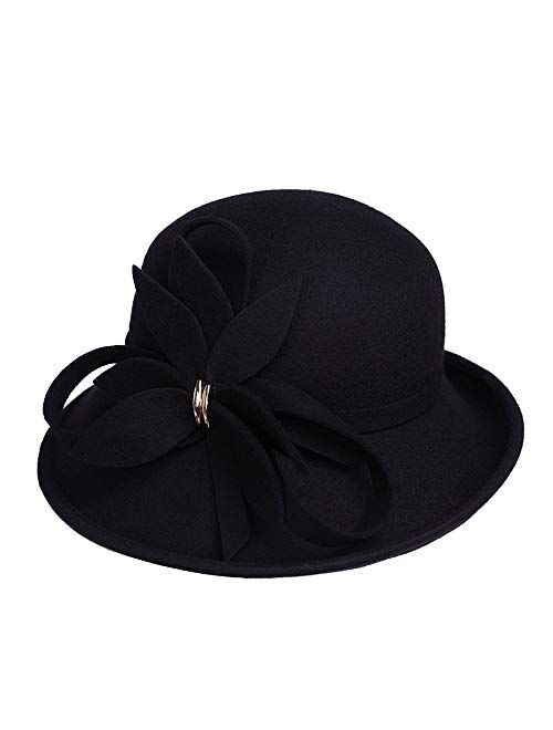 F FADVES Women's Wool Hat Flower Church Wedding Cloche Bucket Hat