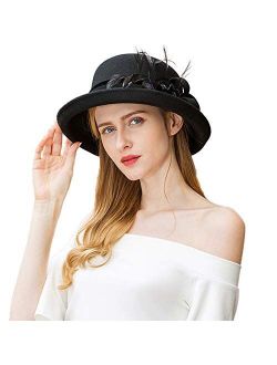 FADVES Womens Fedora Church Hats Vintage Feather Derby Cloche Round Bowler Hat
