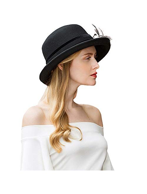 F Fadves FADVES Womens Fedora Church Hats Vintage Feather Derby Cloche Round Bowler Hat