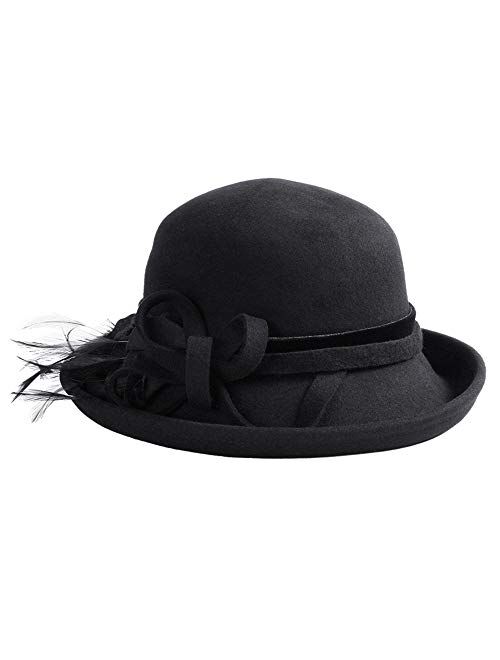 F Fadves FADVES Womens Fedora Church Hats Vintage Feather Derby Cloche Round Bowler Hat