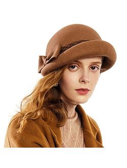 Wool Cloche Bucket Hat Womens Winter Warm Beanie Cap with Bow