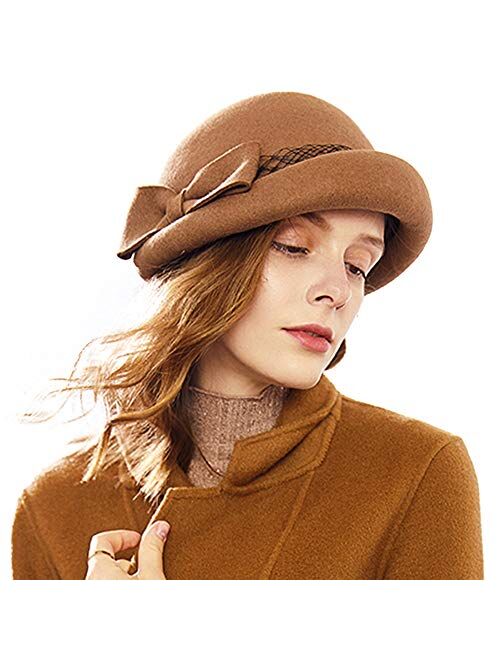 F FADVES Wool Cloche Bucket Hat Womens Winter Warm Beanie Cap with Bow
