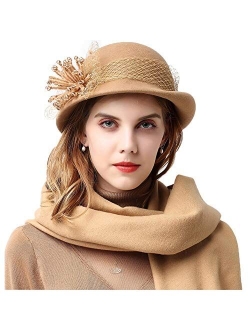 Womens Wool Caps with Brim Cloche Hats for Women with Veil 1920s Vintage Fedora Hat
