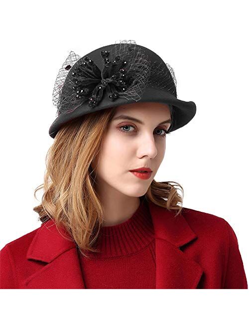 F FADVES Womens Wool Caps with Brim Cloche Hats for Women with Veil 1920s Vintage Fedora Hat