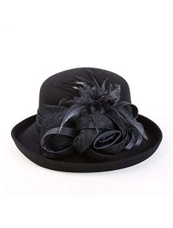 Vintage Wool Cloche Hats Wide Brim Fedora for Women Flower Winter Bowler Cap Chapeau