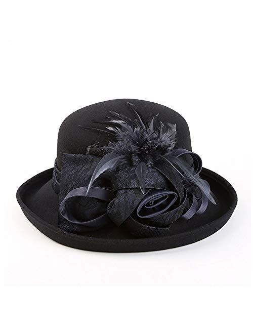 F FADVES Vintage Wool Cloche Hats Wide Brim Fedora for Women Flower Winter Bowler Cap Chapeau